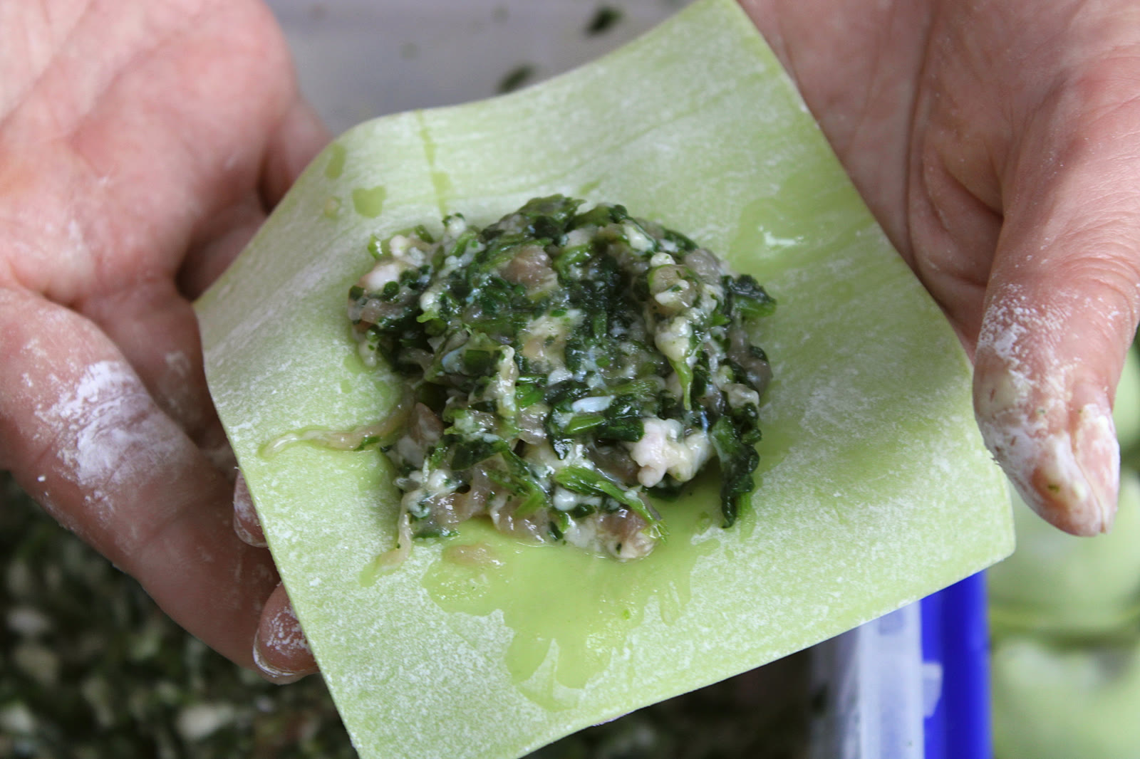 Wrapping celery & pork wontons by hand