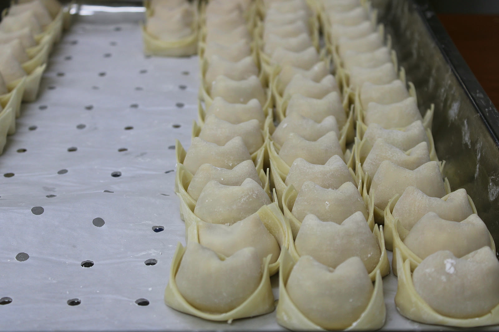 Freshly wrapped century egg & pork wontons